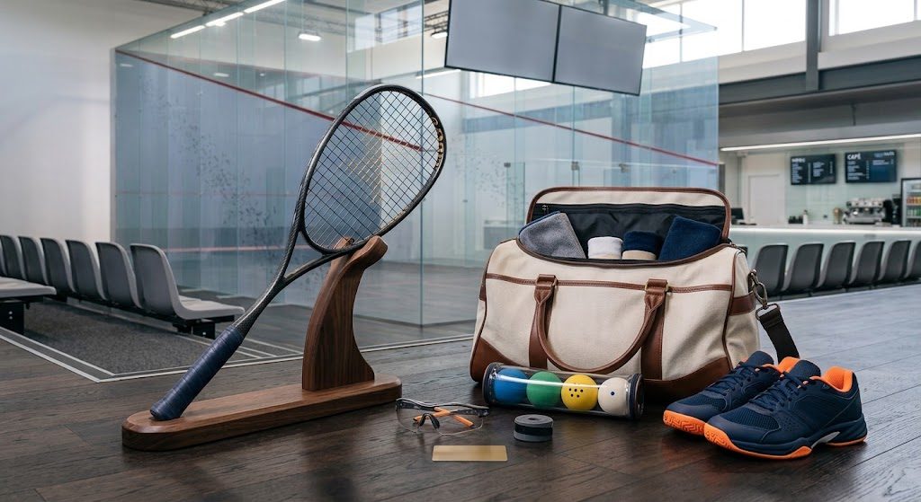 Squash kit laid out beside glass-backed courts: racket, kit bag, ball tube, eye guards and court shoes